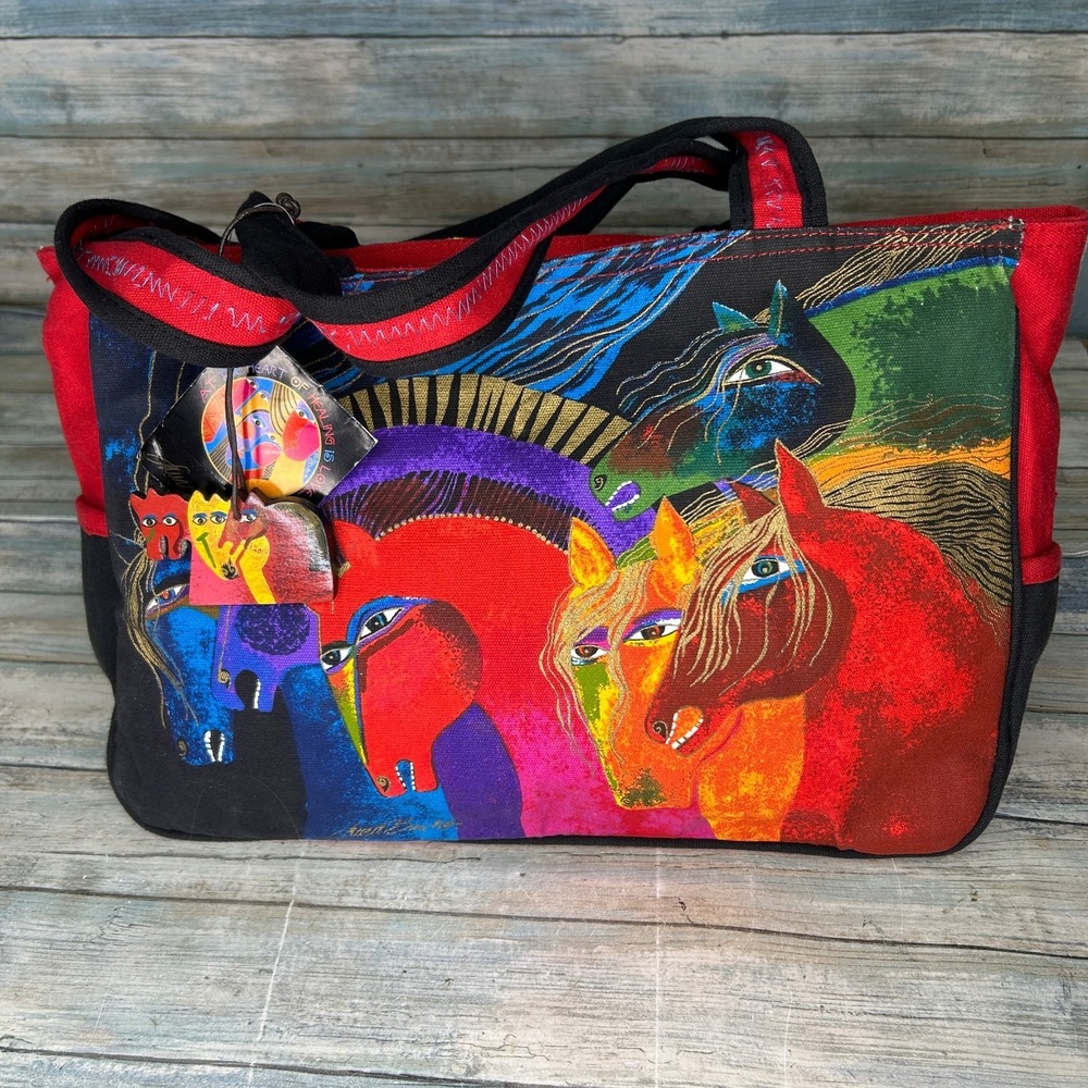 Laurel Burch Tote Wild Horses of Fire Medium Canvas Cotton Hobo Bag Keychain Red